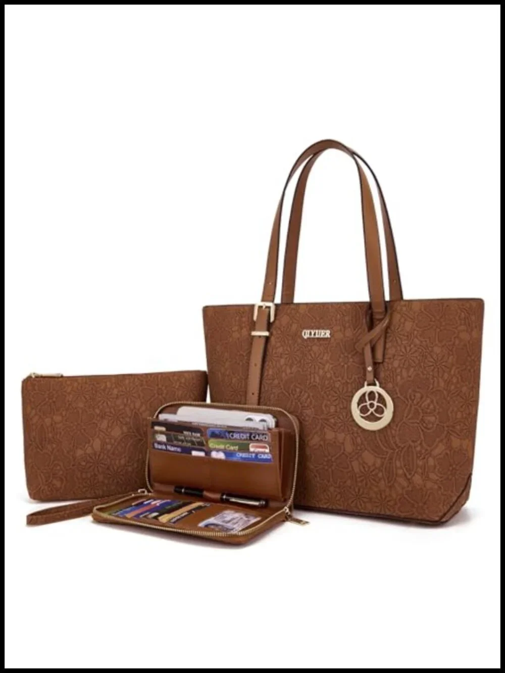 Women's Satchel Purse Set with Wallet and Cosmetic Bag Faux Leather